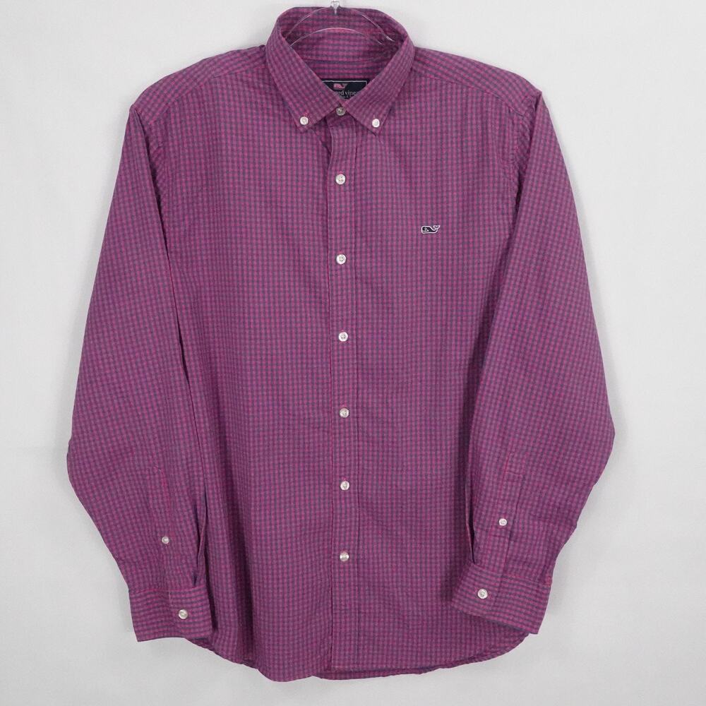 Vineyard Vines Shirt Mens Large Purple Blue Check Button Down Whale Logo Classic
